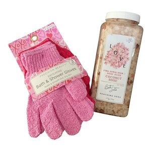 Precision Beauty exfoliating gloves and Coconut Rose bath salts.